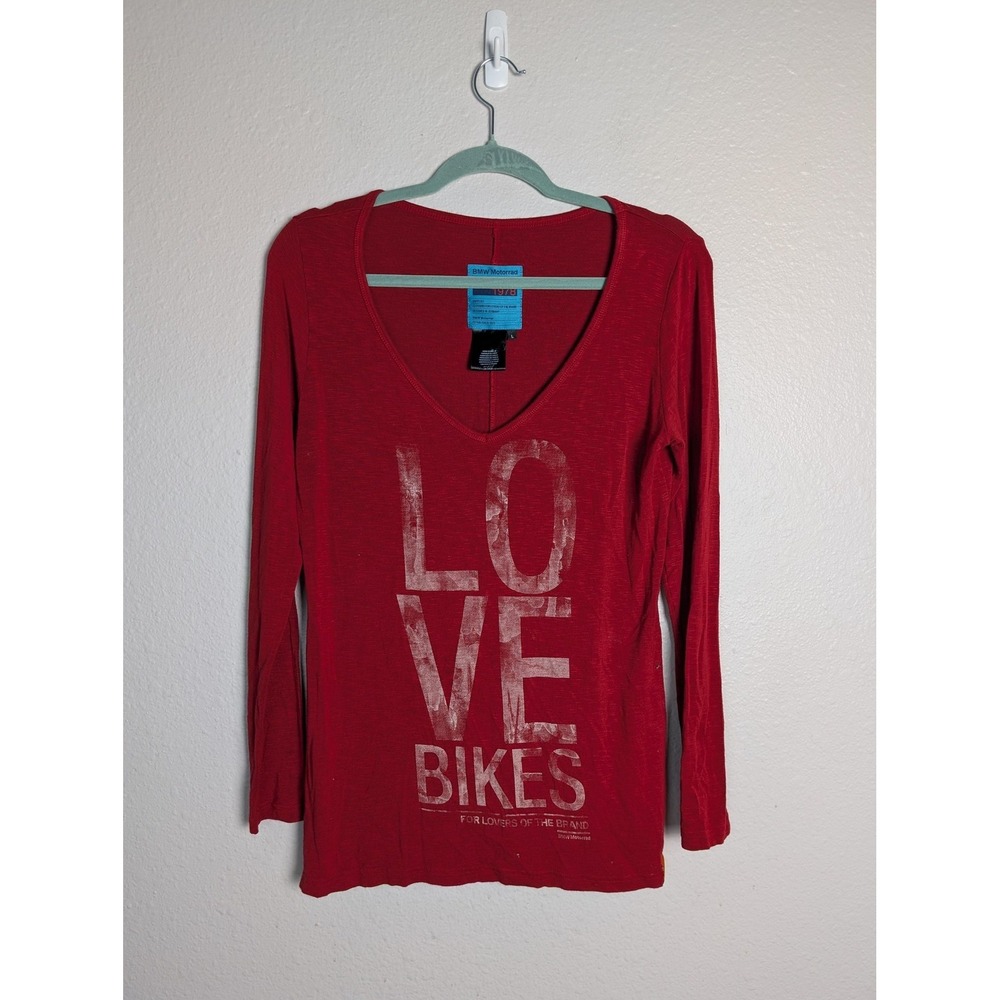 BMW Motorrad‎ T-Shirt Womens L Red V-Neck Long Sleeve Jersey Slim Lightweight